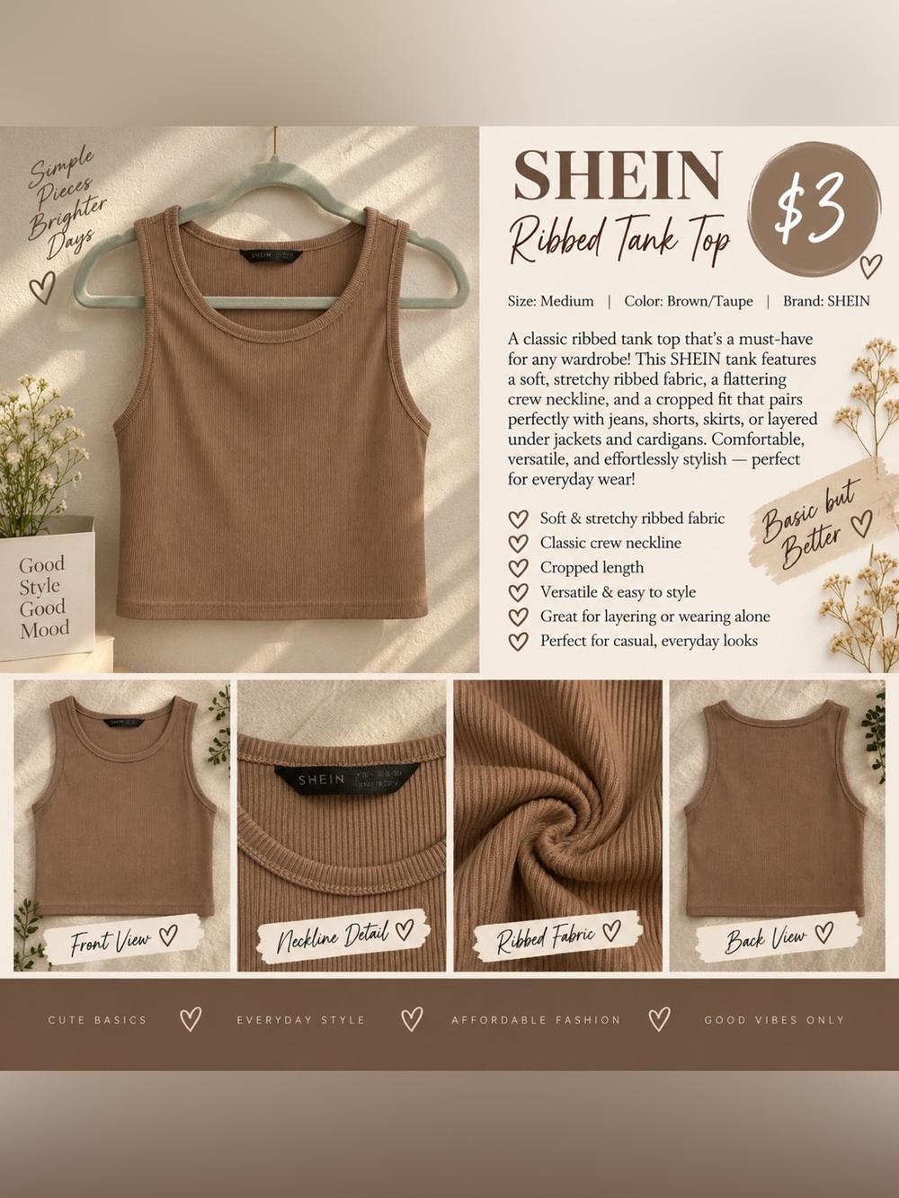 SHEIN Taupe Ribbed Cropped Tank Top